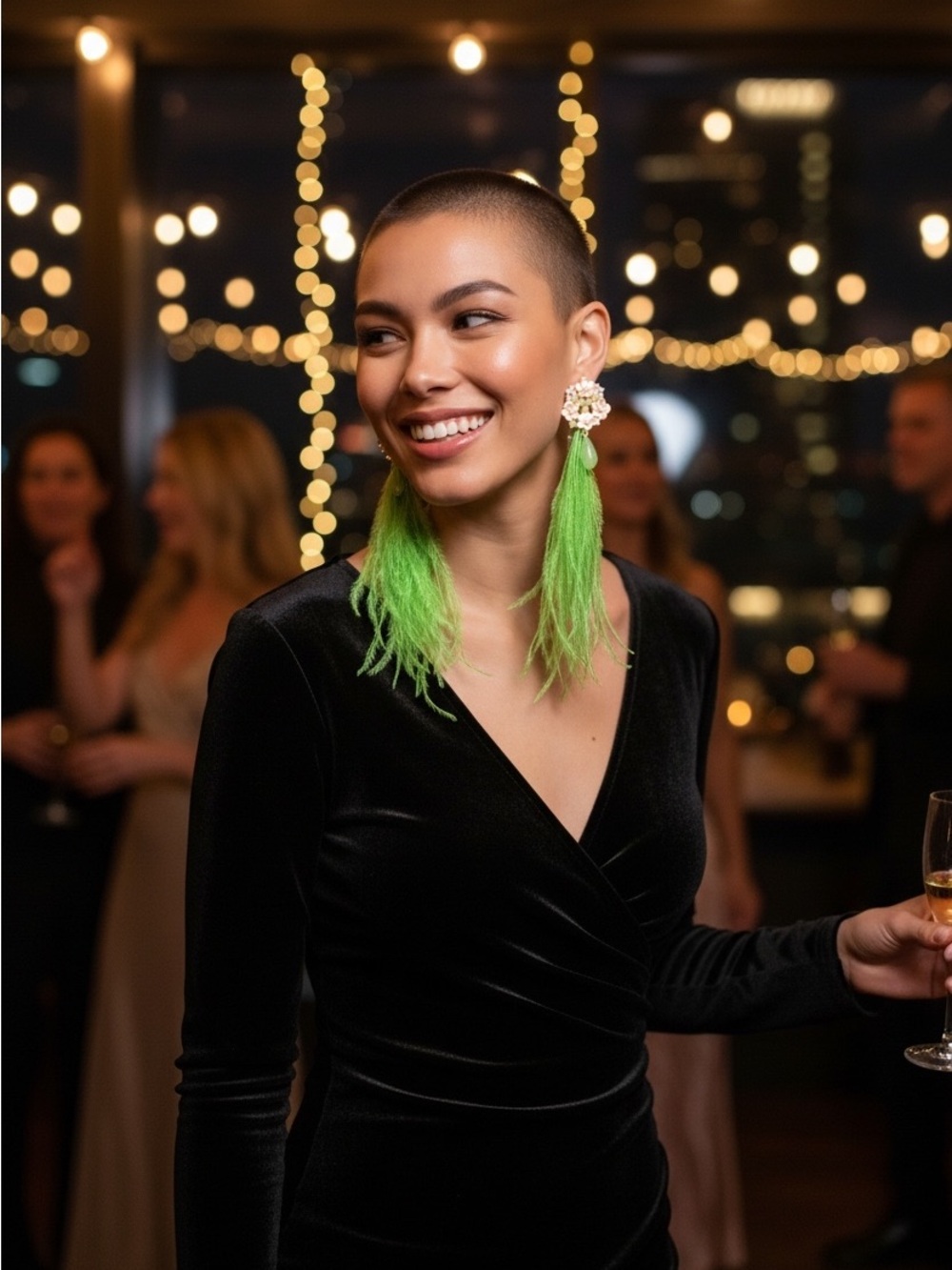 New Women’s Neon Green 7.5” Feather Drop Earrings with glitz & jade teardrops